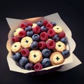 Delicious-looking pastries with juicy blueberries and raspberries, set against dark background