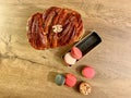 Delicious looking sweetbread cake and macaroon cookies