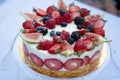 Beautiful fresh yogurt and strawberry cake with summer berries