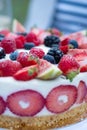 Beautiful fresh yogurt and strawberry cake with summer berries