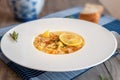 Delicious low-calorie chicken soup with small noodles and vegetables in a white round plate on the table Royalty Free Stock Photo