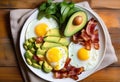 Delicious Low-Carb Plates with Avocado, Eggs, and Bacon Royalty Free Stock Photo