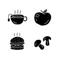 Delicious lunch doodle glyph icons set. Tasty breakfast, fast food and drink silhouette symbols. Hot tea, ripe apple Royalty Free Stock Photo