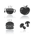 Delicious lunch glossy icons set. Tasty breakfast, fast food and drink silhouette symbols. Hot tea, ripe apple, burger Royalty Free Stock Photo