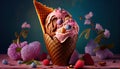 Delicious Luxury Neapolitan Ice Cream with Strawberries in Cone AI Generative Royalty Free Stock Photo