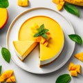 Delicious mango cake on a black background with ingredients around Royalty Free Stock Photo