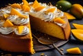 Delicious mango cake on a black background with ingredients around Royalty Free Stock Photo