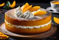 Delicious mango cake on a black background with ingredients around Royalty Free Stock Photo