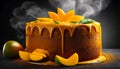 Delicious mango cake on a black background with ingredients around Royalty Free Stock Photo
