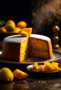 Delicious mango cake on a black background with ingredients around Royalty Free Stock Photo