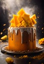 Delicious mango cake on a black background with ingredients around Royalty Free Stock Photo