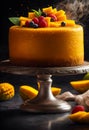Delicious mango cake on a black background with ingredients around Royalty Free Stock Photo