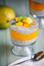 Delicious mango chia pudding with fresh fruit and mint