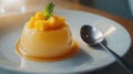 Delicious Mango Pudding Dessert With Mint Garnish on White Plate Royalty Free Stock Photo
