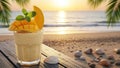 Delicious Mango Smoothie with Mint Leaves and Beach View with Seashell in Wooden Table Royalty Free Stock Photo