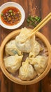 Delicious manti dumplings arranged beautifully on wooden background