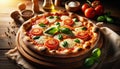 Fresh Margherita Pizza on Wooden Table, AI Generated