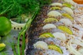 Delicious marinated fish with lemon and onion dish in the oven Royalty Free Stock Photo