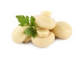 Delicious marinated mushrooms with parsley isolated on white