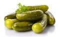 Delicious marinated pickled cucumbers, isolated on white background