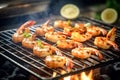 Delicious marinated shrimp skewers on the grill. Grilled shrimp on sticks.