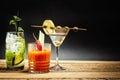 Martini drink with olive and mojito with mint and bloody mary with celery Royalty Free Stock Photo