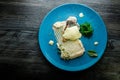 delicious mashed potatoes, sea kale, and baked white fish fillet Royalty Free Stock Photo