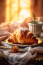 background bokeh drink food gold background cup croissant breakfast table morning bakery. Generative AI.