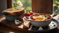 Sunny Side Up Egg in Tomato Sauce with Bread and Tomatoes on Wooden Table Royalty Free Stock Photo