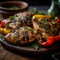 A delicious meal of grilled chicken and peppers with perfect char marks