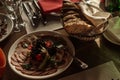 Delicious meals at wedding reception table close-up, vegetable p