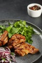 Delicious meat kebab with fresh vegetable. Grilled meat kebabs, vegetables on a dark table Royalty Free Stock Photo