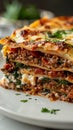 delicious meat lasagna with fresh basil leaves close up