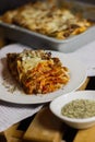 Delicious meat lasagne with bolognese sauce and bechamel. Italian traditional cuisine. Home cooking.