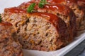 Delicious meat loaf with ketchup macro, horizontal Royalty Free Stock Photo