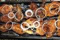 Delicious meat and onions roasted outdoors in sri lanka