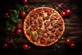Delicious meat pizza on a thin crust with a variety of tempting toppings. Top view