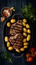 Delicious meat and potatoes, grilled to perfection