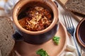 Delicious meat roast with vegetables and cheese on wooden in clay pot rustic table. Meal served for the lunch. Close up view Royalty Free Stock Photo