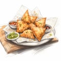 Delicious Meat Samosas With Garlic Sauce - A Mouthwatering Illustration