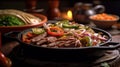 Delicious Meat Steak Fajitas on Blurry Background