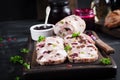 Delicious meat terrine with slice chicken, green peas and dried fruits.