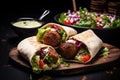 A delicious meatball wrap filled with lettuce, tomato, and a side lettuce salad, providing a satisfying and flavorful meal,