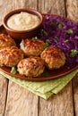 Delicious meatballs served with stewed red cabbage garnish and sauce close-up on the table. vertical Royalty Free Stock Photo