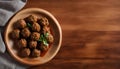 Delicious Meatballs on Wooden Plate, Rustic Table Setup, Copy Space