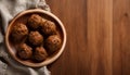 Delicious Meatballs on Wooden Plate, Rustic Table Setup, Copy Space