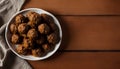 Delicious Meatballs on Wooden Plate, Rustic Table Setup, Copy Space