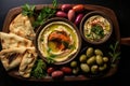 A delicious Mediterranean platter filled with creamy hummus, tangy olives, fluffy pita bread, and a pit, A Mediterranean spread