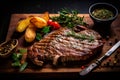 Delicious medium rare beef steak served with roasted potatoes and tomatoes on wooden board. Generative AI Royalty Free Stock Photo