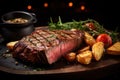 Delicious medium rare beef steak served with roasted potatoes and tomatoes on wooden board. Generative AI Royalty Free Stock Photo